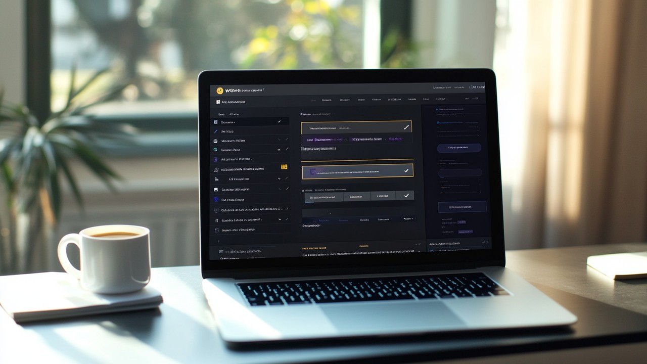 Gündüz ışığında ev ofis ortamında, performans optimizasyon ayarları açık WordPress önbellek eklentisi ekranı ve düzenli masa.