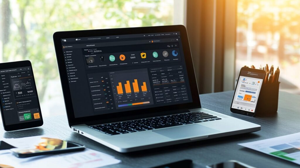 Modern çalışma alanı, WordPress kontrol paneli açık laptop, pazarlama grafik ve sosyal medya uygulamalarıyla dijital pazarlama ortamı.