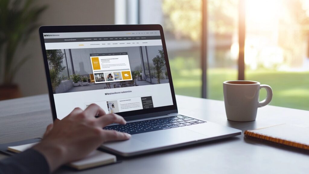 Modern çalışma alanında, dizüstü bilgisayarda profesyonel WordPress sitesi ve el ile site navigasyonu, minimal masa, doğal ışık.