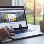 Modern çalışma alanında, dizüstü bilgisayarda profesyonel WordPress sitesi ve el ile site navigasyonu, minimal masa, doğal ışık.