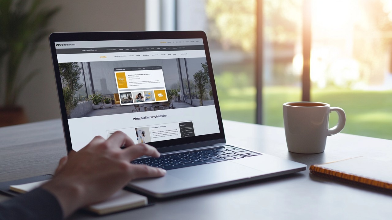 Modern çalışma alanında, dizüstü bilgisayarda profesyonel WordPress sitesi ve el ile site navigasyonu, minimal masa, doğal ışık.
