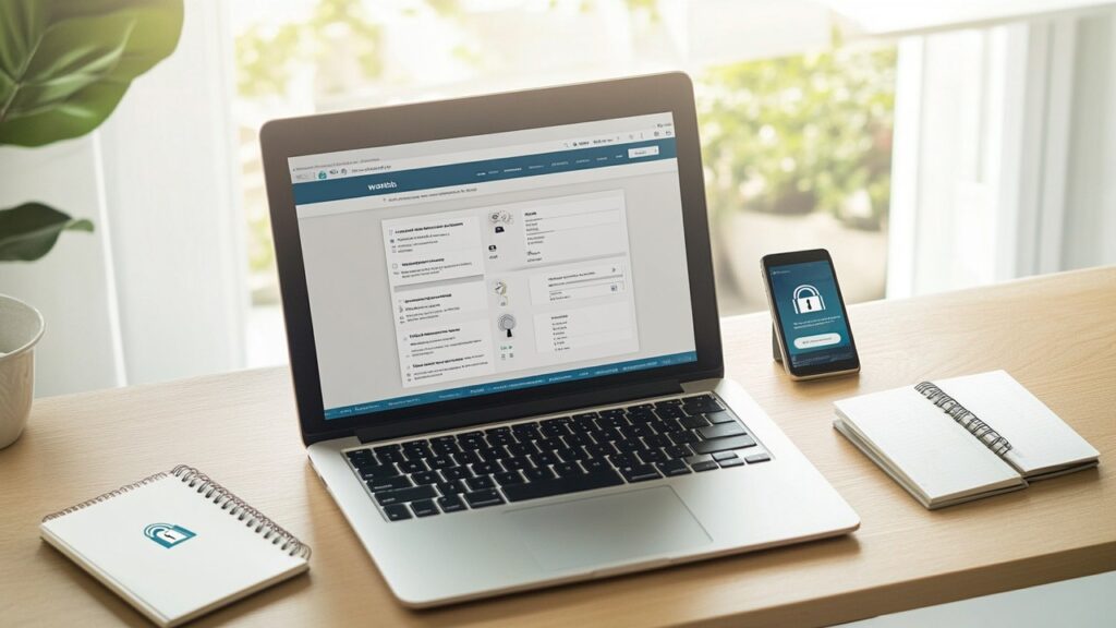 Modern dizüstü bilgisayarda WordPress kontrol paneli, güvenlik notları ve uygulamalı siber güvenlik temalı ev ofis çalışma alanı.