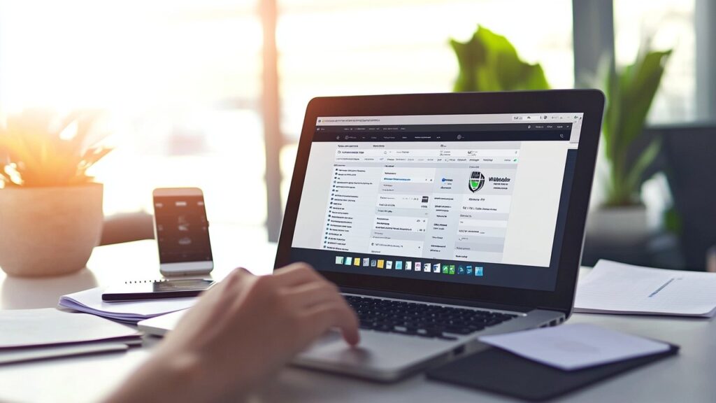Modern ofis çalışma alanında WordPress kontrol paneli kullanan odaklanmış kişi, notlar ve akıllı telefonla çevrili, verimlilik vurgulu.