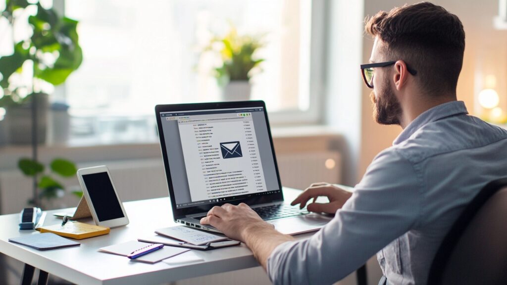 Modern ofiste doğal ışıkta, WordPress e-posta sorunlarını çözen profesyonel web geliştirici, dizüstü bilgisayar ve notlarla çalışıyor.