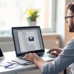 Modern ofiste doğal ışıkta, WordPress e-posta sorunlarını çözen profesyonel web geliştirici, dizüstü bilgisayar ve notlarla çalışıyor.