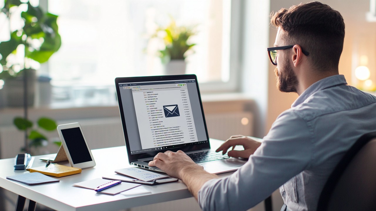 Modern ofiste doğal ışıkta, WordPress e-posta sorunlarını çözen profesyonel web geliştirici, dizüstü bilgisayar ve notlarla çalışıyor.