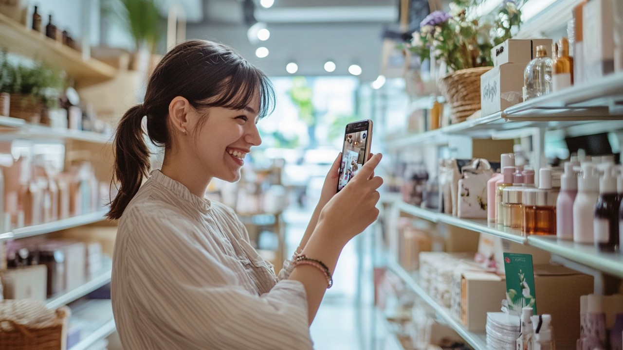 Mutlu müşteri, küçük butik mağazada ürünü akıllı telefonla fotoğraflıyor, sosyal medyada paylaşıyor, doğal ve aydınlık ortam.